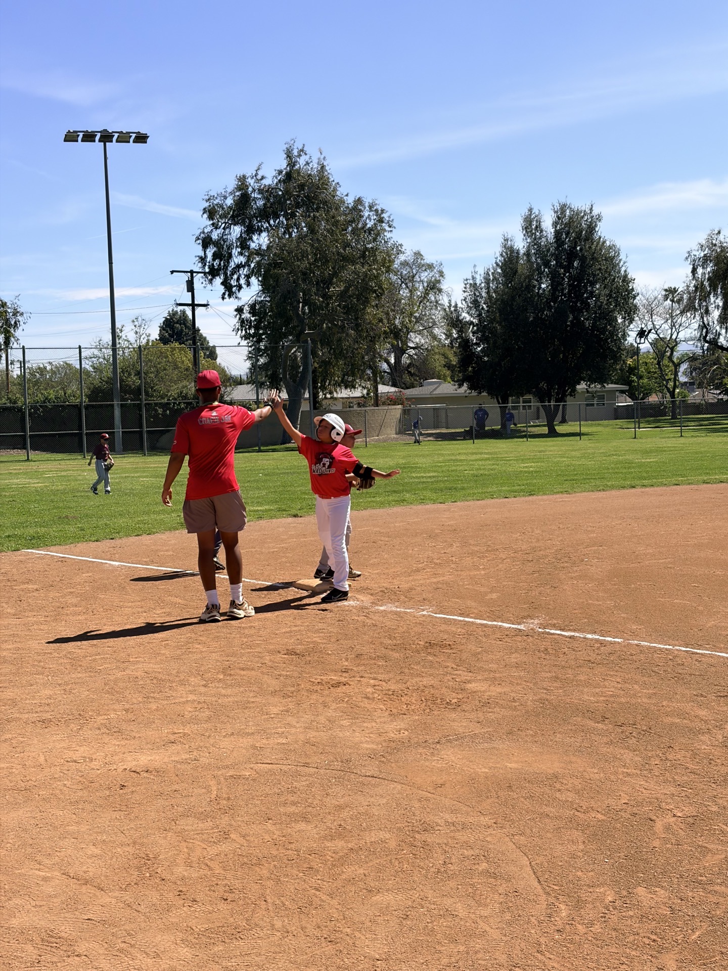 MAD Dawgs player high-fiving coach at first base